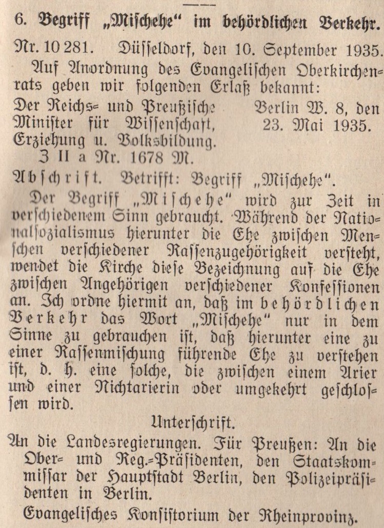 Erlass des Ministers für Wissenschaft, Erziehung und Volksbildung von 1935 über die Verwendung des Begriffs "Mischehe" (Kirchliches Amtsblatt der Rheinprovinz Nr. 26/1935) .